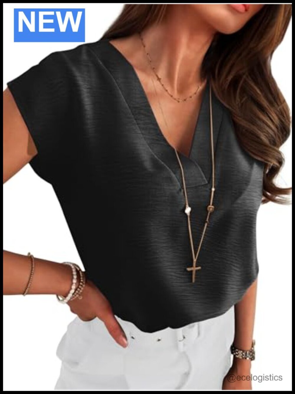 V Neck Cap Sleeve Blouse Lightweight Polyester Work Top